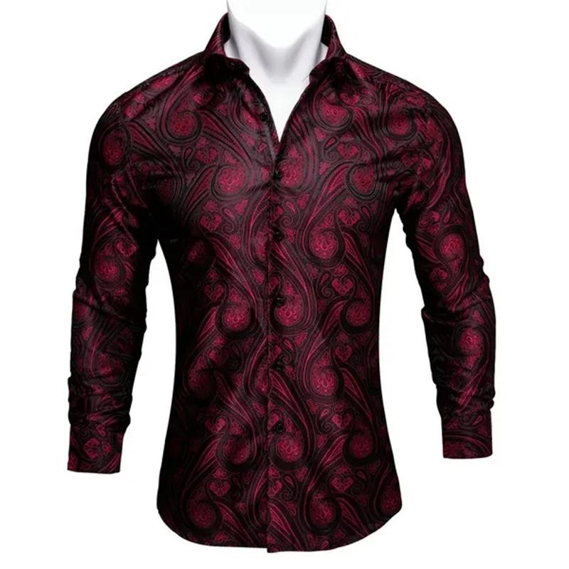 Nouveau 2024 élégant confortable bordeaux 3D imprimé chemise hommes à manches longues athloisir fleu