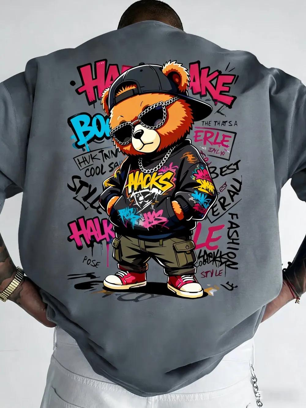 T-shirt à col rond pour hommes européens et américains, imprimé graffiti ours en peluche, confortabl