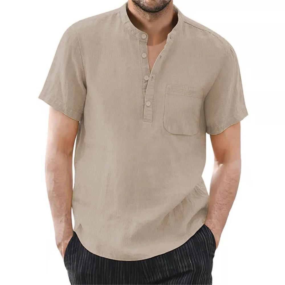 T-shirt à manches courtes pour hommes, en coton et lin, décontracté, couleur unie, chemise d'été, co