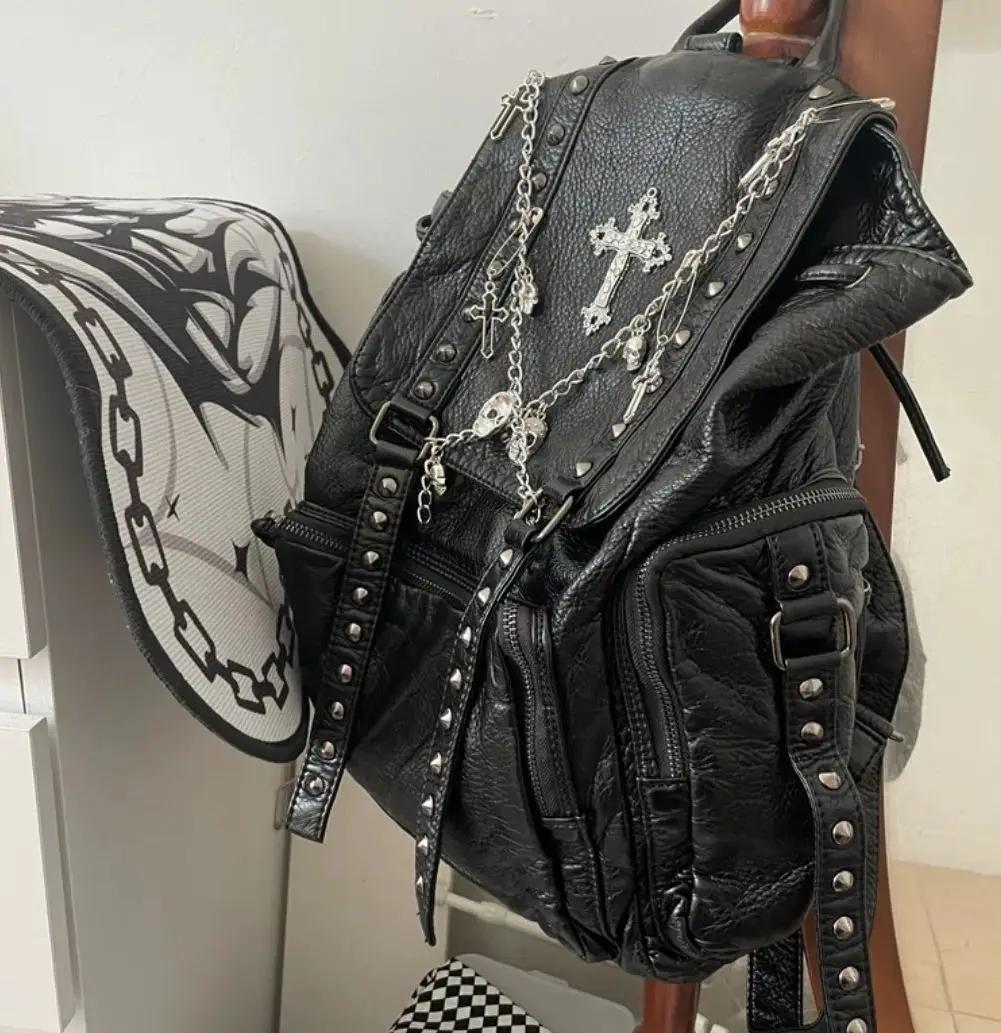 Grunge Rivet noir Y2k sac à dos femmes gothique sous-culture Punk croix noir Mochila dames Vintage H
