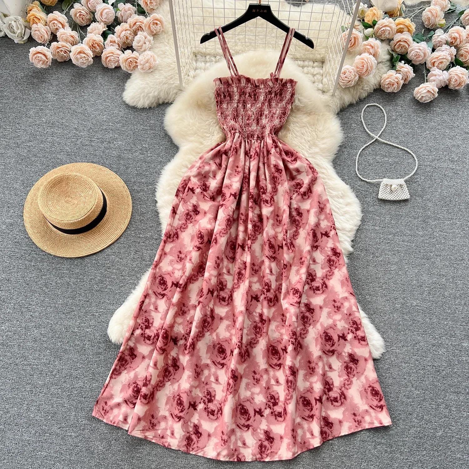 Robe longue d'été à imprimé de fleurs de roses, mode coréenne, romantique, rétro, robe de soirée, él
