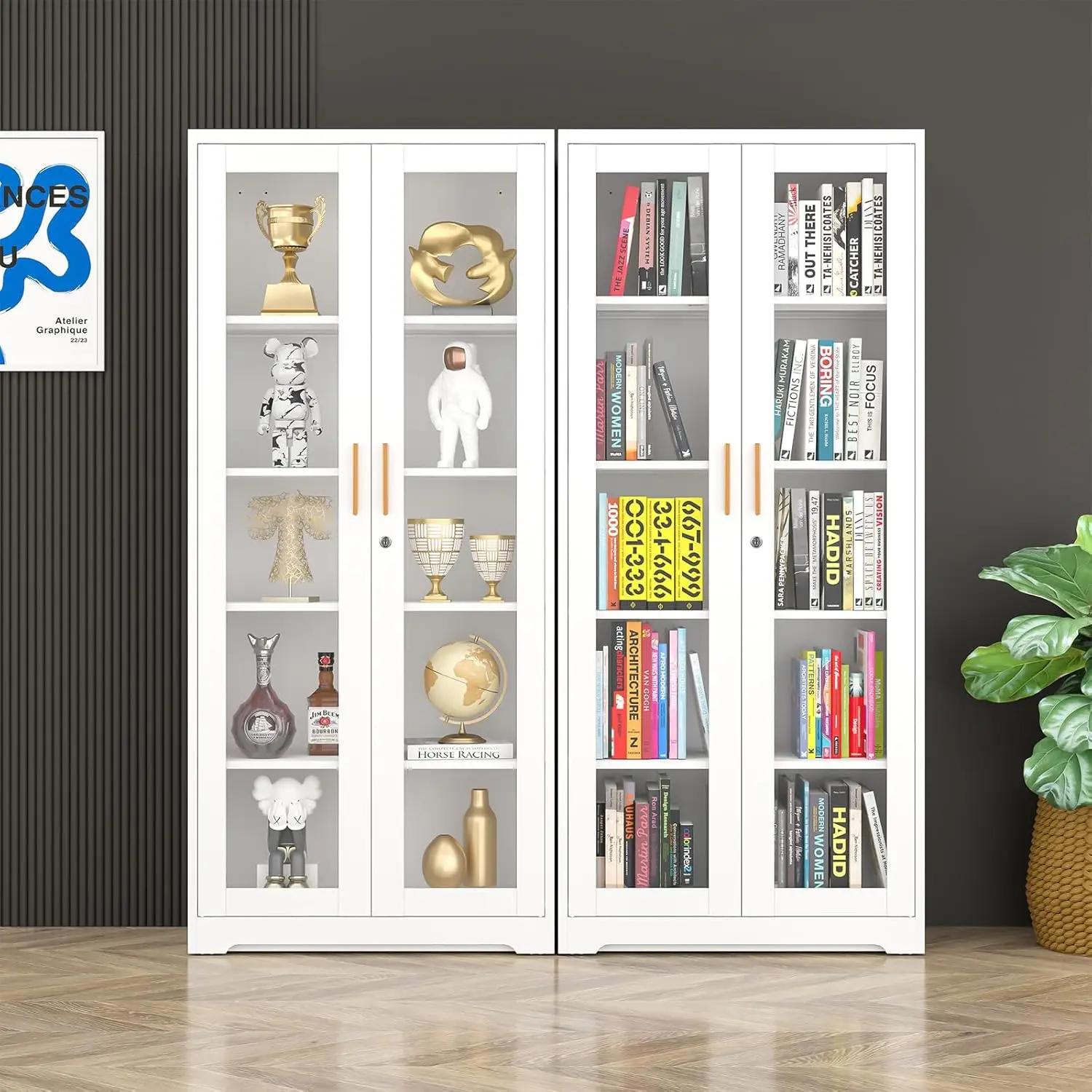 Vitrine avec portes en verre, 71'' de hauteur, avec serrure, en métal et verre, pour objets de colle