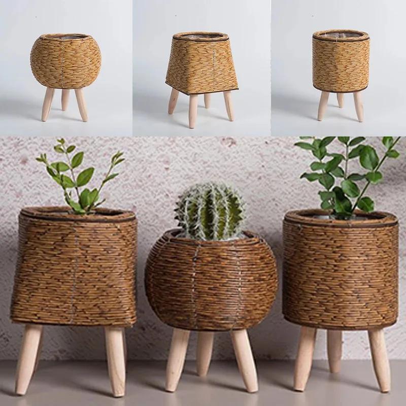 Étagère à fleurs nordique Imitation rotin Pot de fleur tissé panier de fleurs avec pieds amovibles s