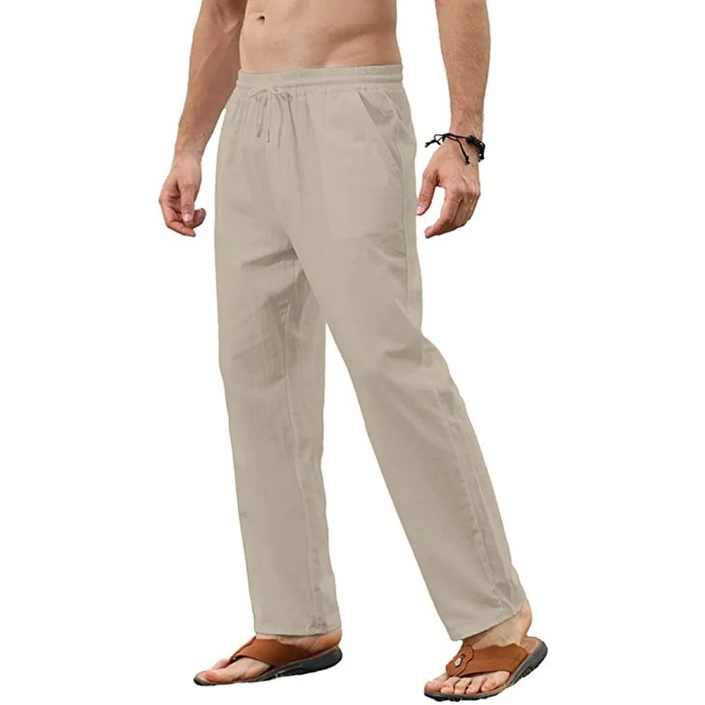 Pantalon en coton et lin pour hommes, ample, décontracté, respirant, couleur unie, cordon de serrage