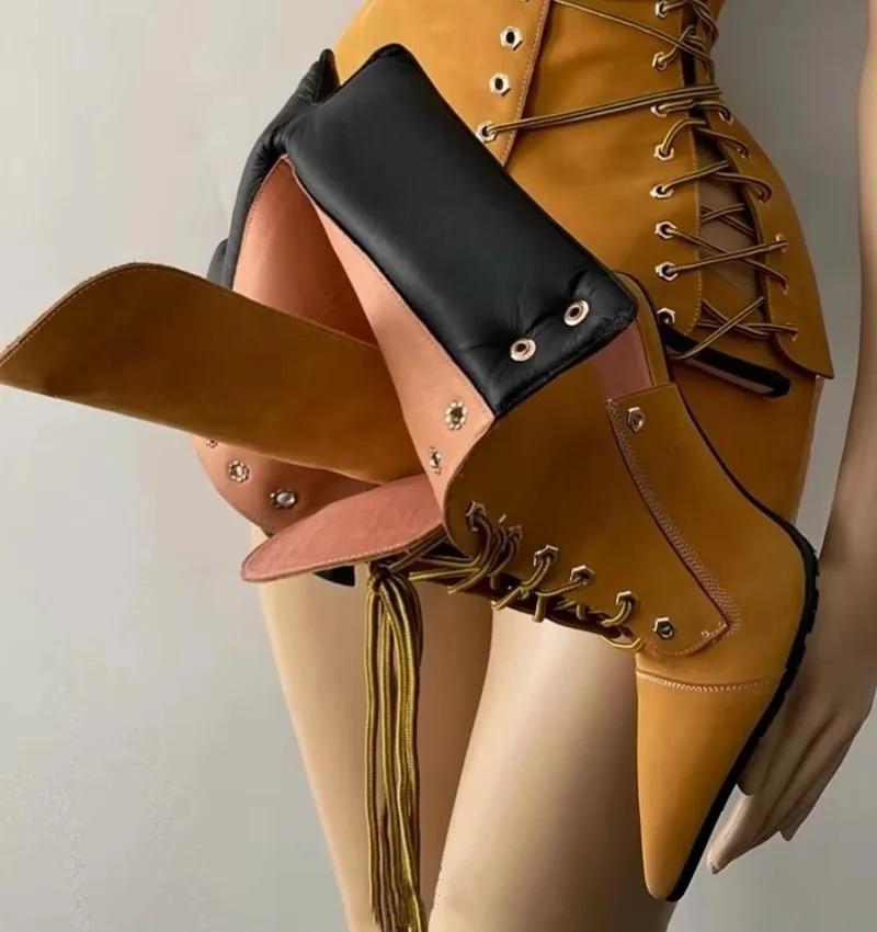 Gladiateur talons Patchwork avant à lacets bottes bout pointu chaussons aiguilles femmes luxe chauss