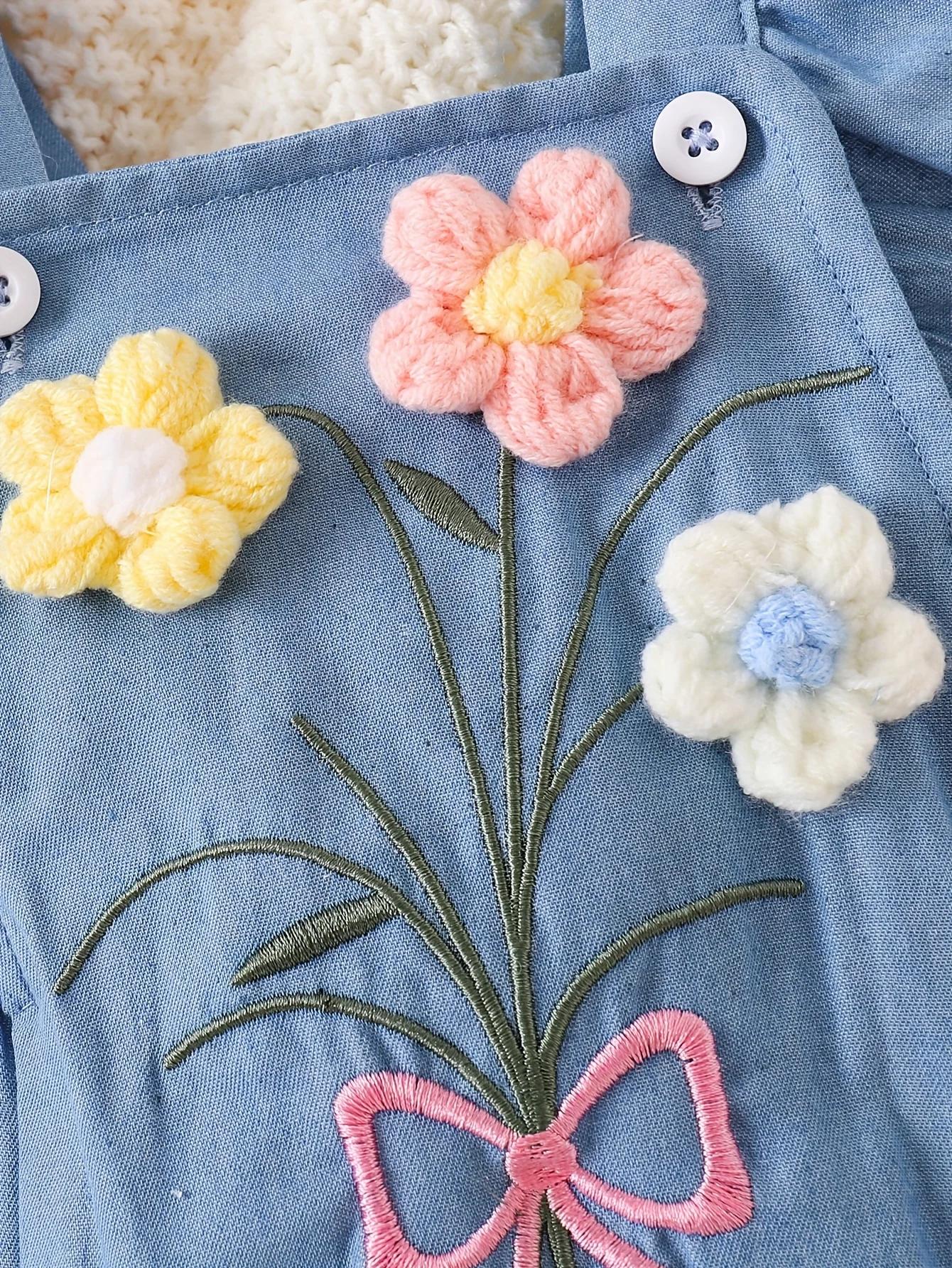 Barboteuse en Denim doux pour bébé fille, barboteuse flottante brodée de fleurs 3D + bandeau à nœud,