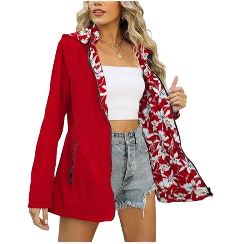 Veste à capuche d'automne pour femmes, manteau décontracté imprimé réversible avec poches, Streetwea