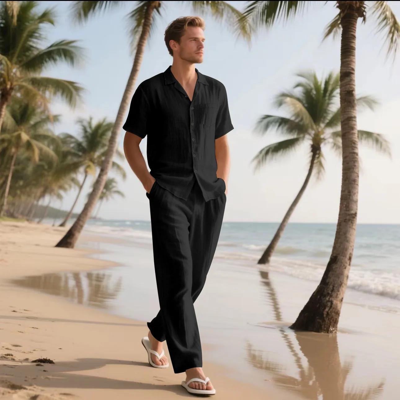 L'ensemble chemise à manches courtes en lin pour hommes Summer Beach de 2025 est un ensemble pantalo