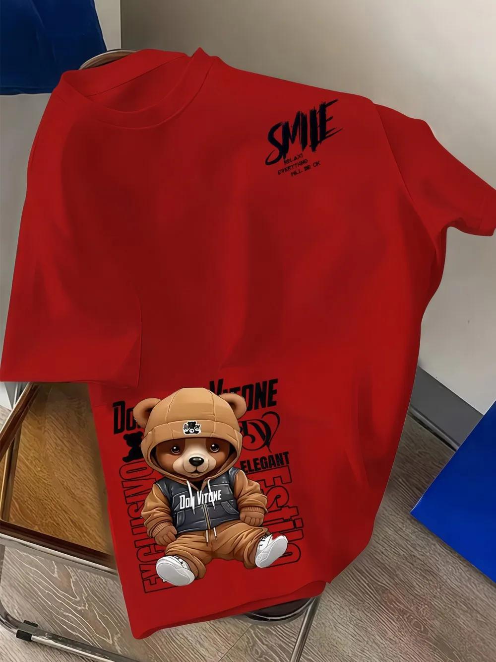 Nouveau T-shirt d'été pour hommes, style européen et américain, à col rond, imprimé motif ours et le