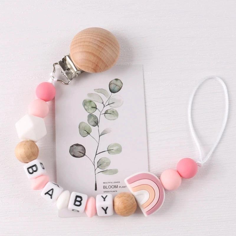 Chaîne de sucette en silicone avec clip en hêtre, produits pour bébés