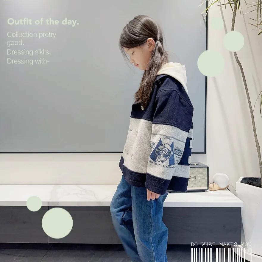 Manteau pour filles 2025 hiver nouveau gris épissage à la mode épaissi manteau de laine pour enfants
