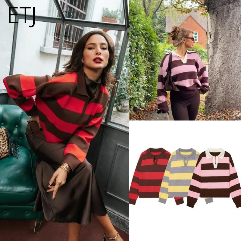 ETJ 2025 automne femmes nouvelle ligne style de rue mode jaune large rayure col polo version ample d
