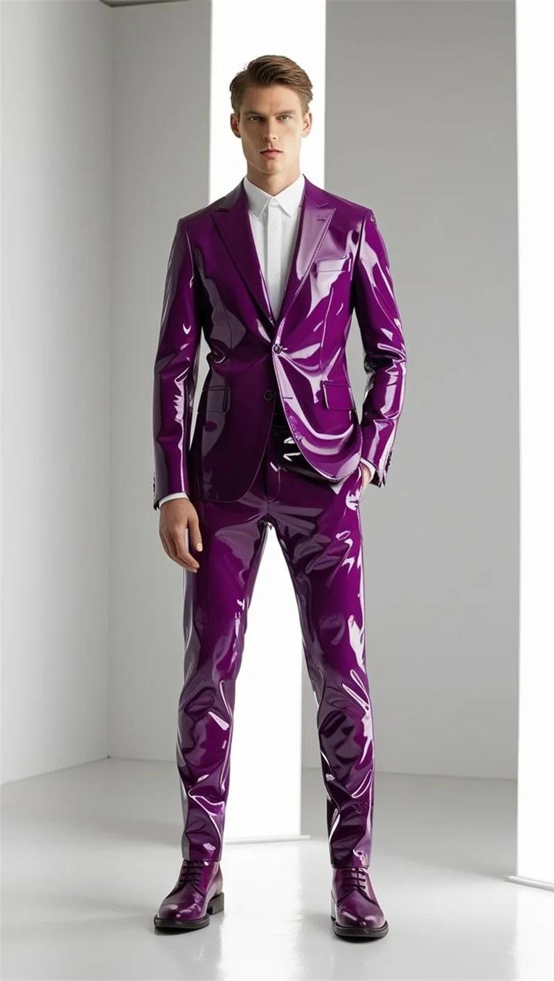Ensemble de costumes en cuir PU brillant pour hommes, 2 pièces, Blazer + pantalon, smoking de mariag