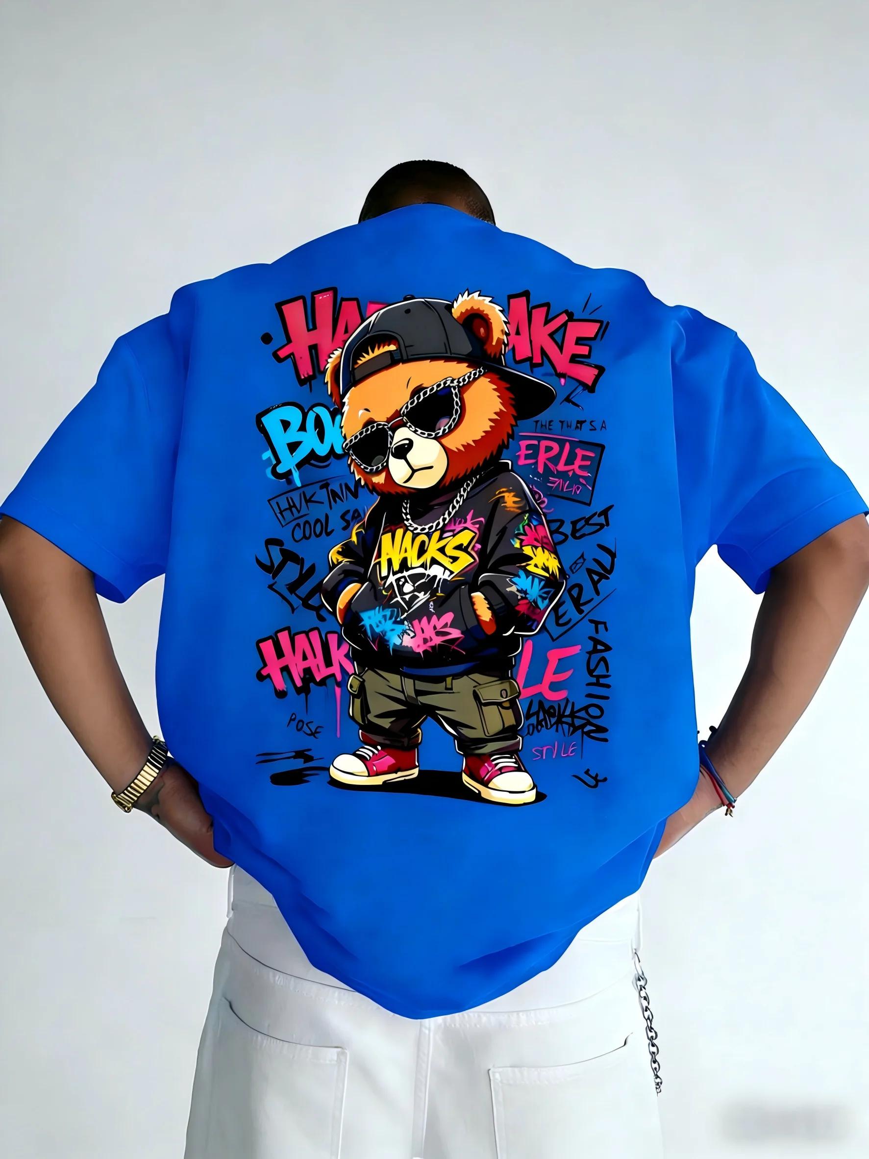 T-shirt à col rond pour hommes européens et américains, imprimé graffiti ours en peluche, confortabl