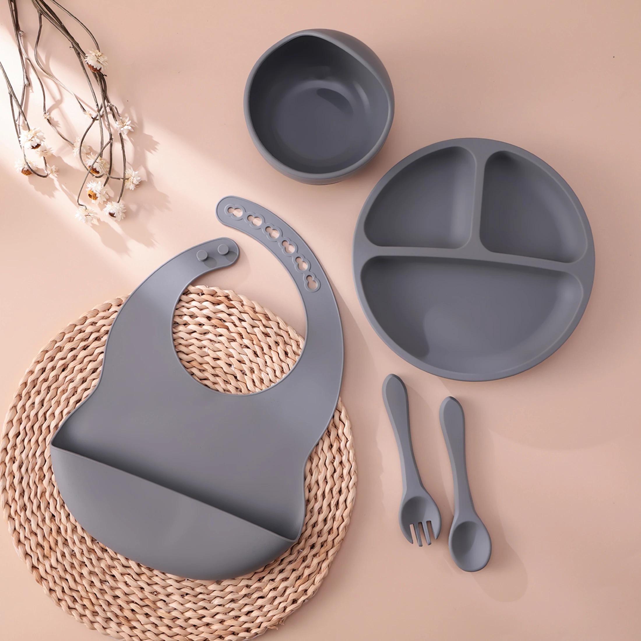 Ensemble d'alimentation en Silicone pour enfants, 5 pièces, plats à succion, assiette sans BPA, bol 