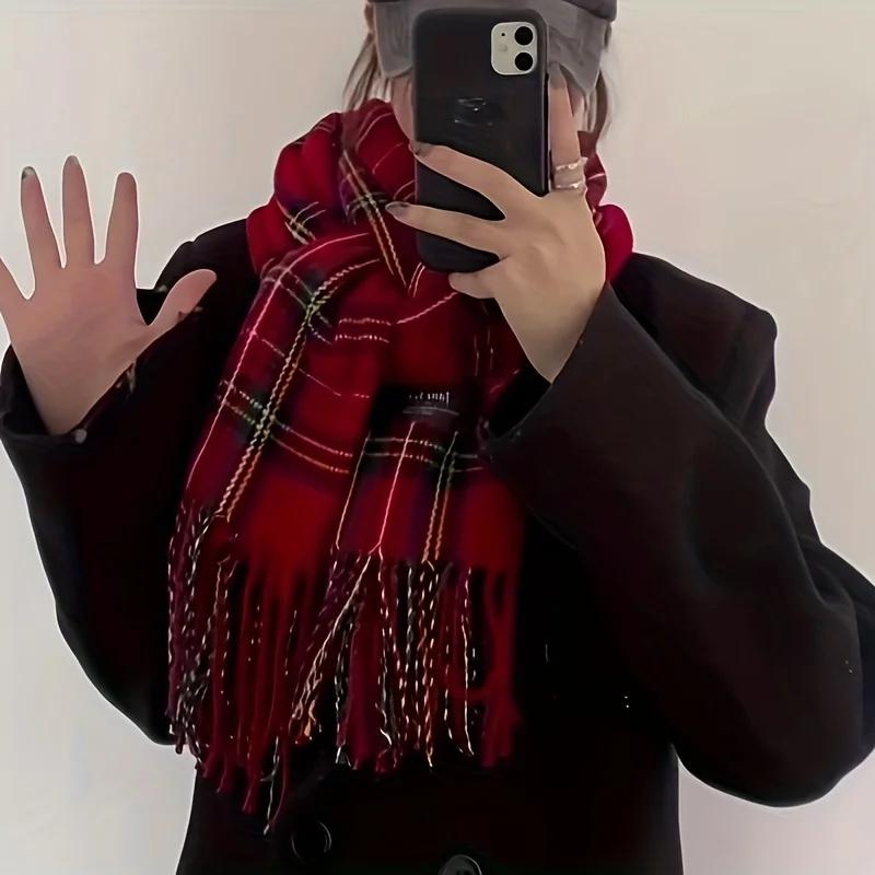 Écharpe à pampilles Tartan rouge, élégante, Vintage, décoration, écharpe de cou, automne hiver, rési