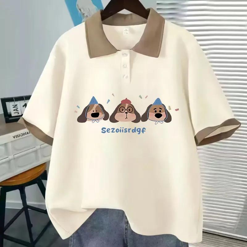 Polo ample japonais à manches courtes, T-shirt tendance, doux et mignon, imprimé de dessin animé, ét