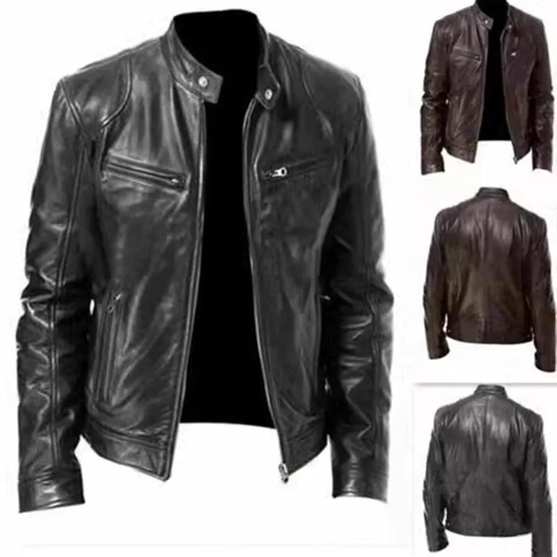 Veste en cuir PU coupe couvertes pour hommes, col montant, vestes à glissière alertes onale, revers 