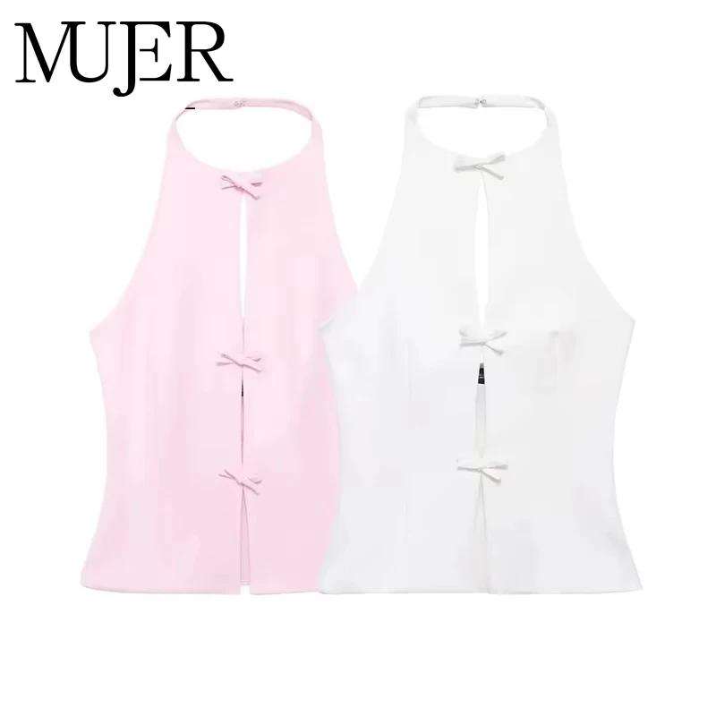 MUJER 2025 épaules dénudées haut à licou femme rose blanc haut court femmes nœud découpé sans manche
