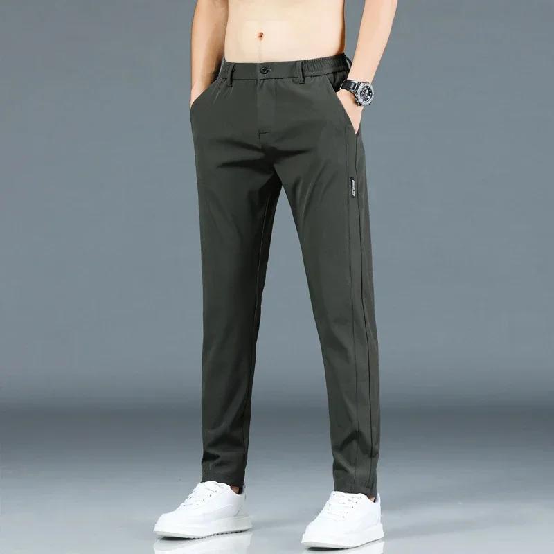 Pantalon fin en soie glacée pour hommes, extensible, décontracté, taille élastique, lisse, vêtements