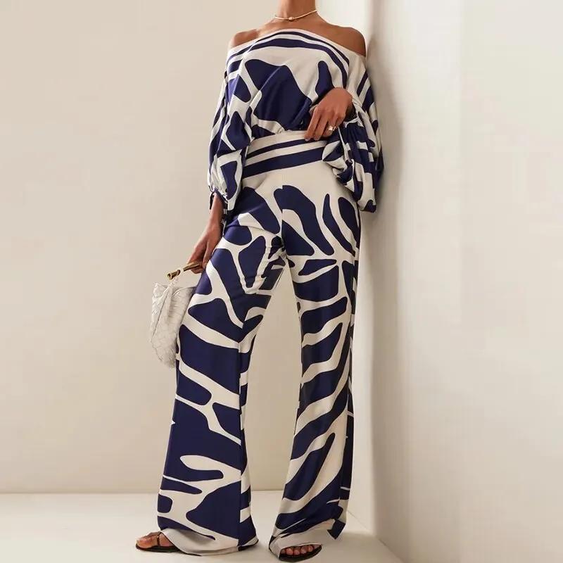 Tenue en Satin imprimé pour femmes, manches lanternes, épaules dénudées, chemisier à manches longues