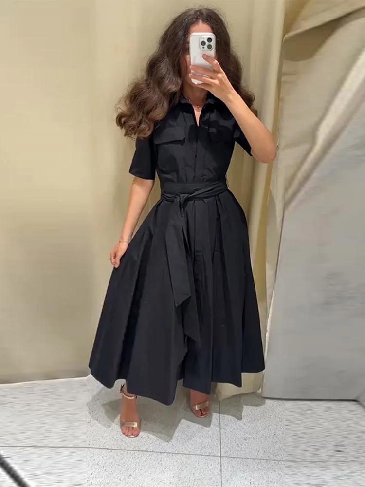 Nouvelle Robe Longue Plissée Noire Élégante pour Femme avec Ceinture, Manches Longues et Col Revers,