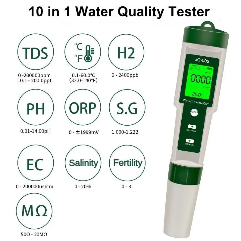 Moniteur de qualité de l'eau 10 en 1, testeur multifonction PH/EC/TDS/ORP/H2/Fertile/salinité/S.G/ré