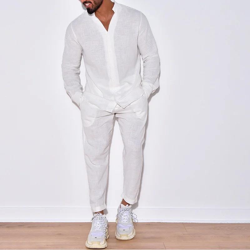 Ensemble chemise respirante à manches longues pour hommes, 100% coton, couleur unie, pantalon décont