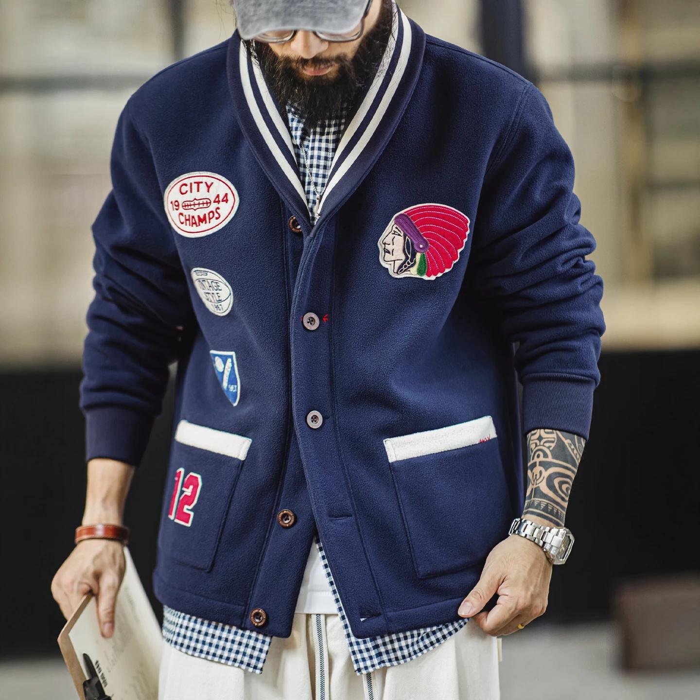 Maden Vintage Veste de baseball en polaire pour homme avec col châle et badge brodé pour l'automne e