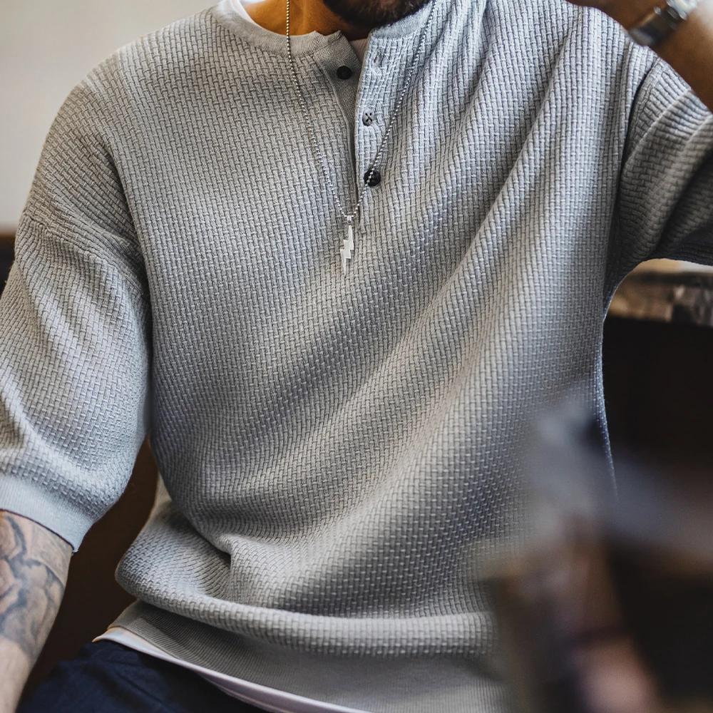 Maden Vintage Boro Style manches courtes Henley chemise hommes été gris coupe ample t-shirt tricot d