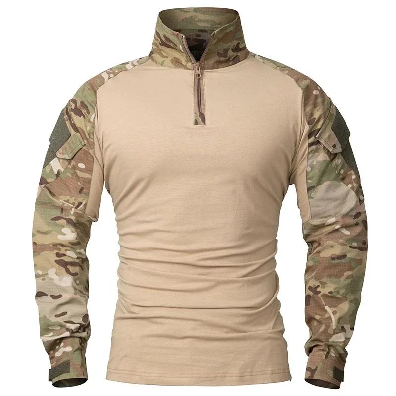 Chemises tactiques d'extérieur à manches longues, chemise de Combat, fermeture éclair 1/4, en coton 