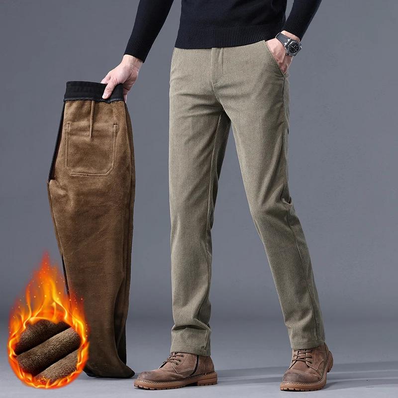 Kaki noir gris polaire hommes velours côtelé pantalons décontractés Chenille épais Stretch pantalon 