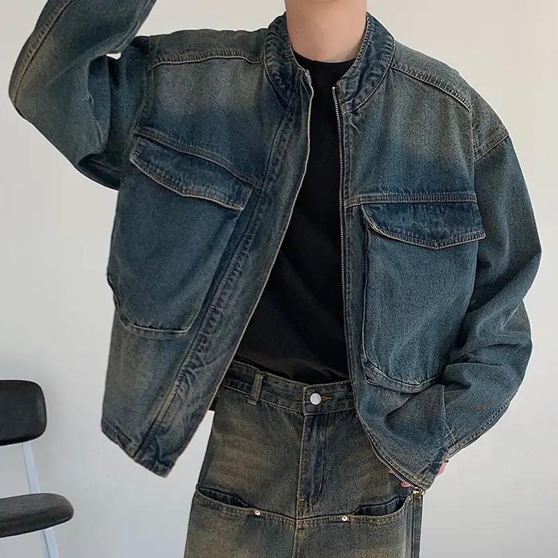 Vestes en jean à col montant tendance pour hommes, style américain ample, décontractées, vintage, dé