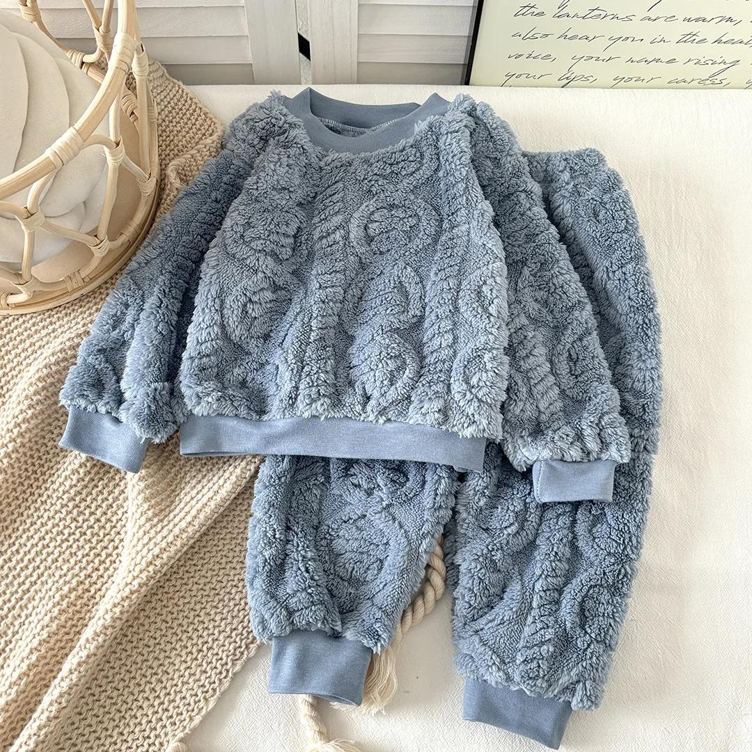 Ensemble pyjama en flanelle pour bébé, automne et hiver, style coréen, en peluche épaisse, vêtements