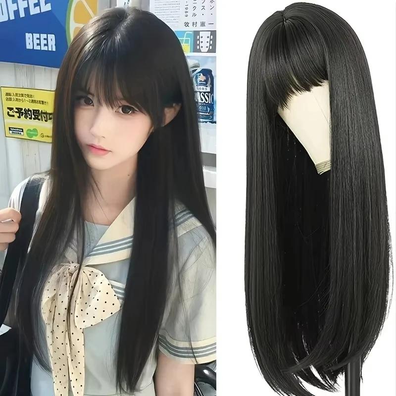 Perruque longue droite synthétique noire la plus vendue pour le cosplay d'Halloween et l'usage quoti