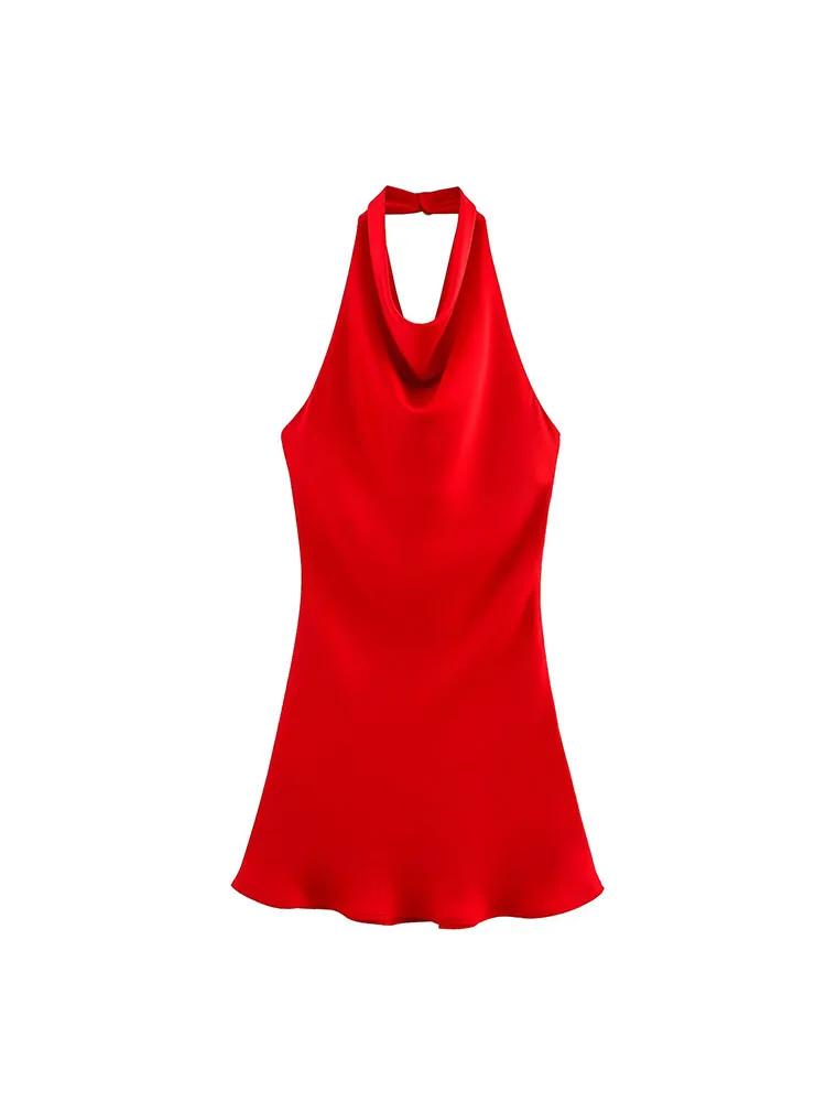 Robe Courte Halter Élégante en Satin pour Femme – Collection Été 2026 – Sexy, Dos Nu, Couleur Unie –