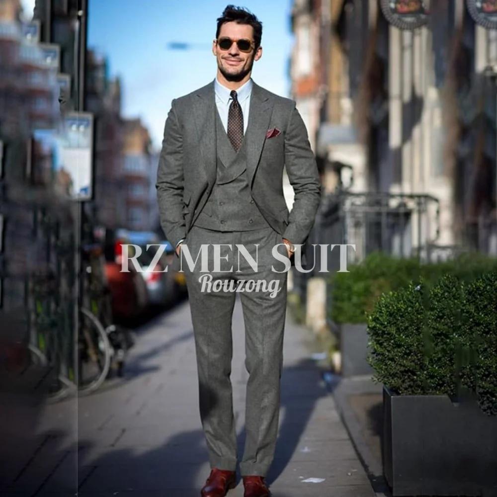 Costumes en tweed pour hommes, 3 pièces, en tweed à chevrons, coupe ajustée, blazer croisé, smoking,