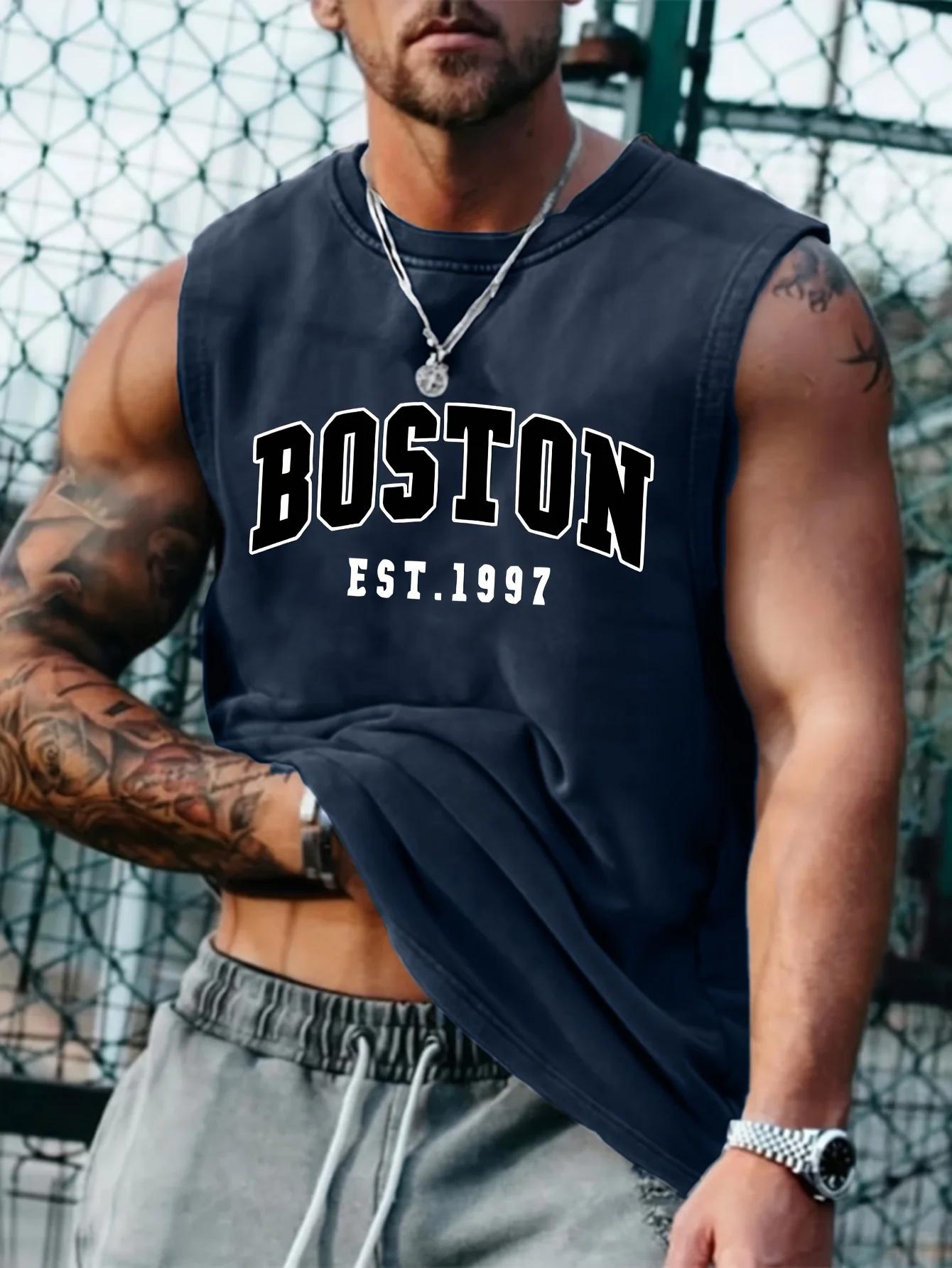 Gilet sans manches à col rond pour hommes, mode d'été, sport décontracté, ample, imprimé Boston est 