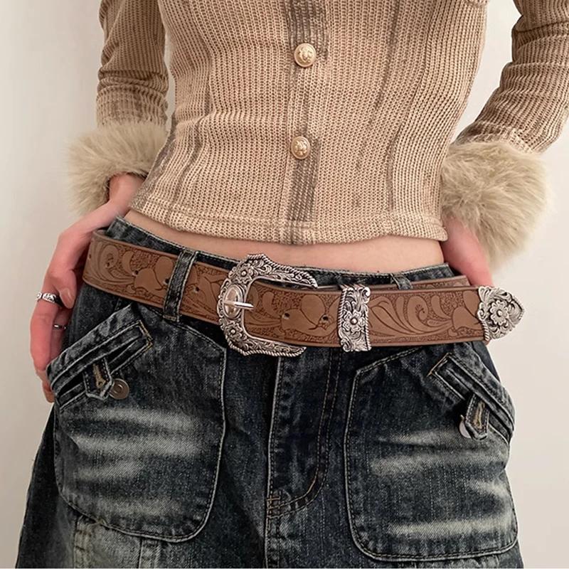 Ceinture Vintage en cuir PU marron occidental pour femme, ceinture de taille Cowgirl avec boucle en 