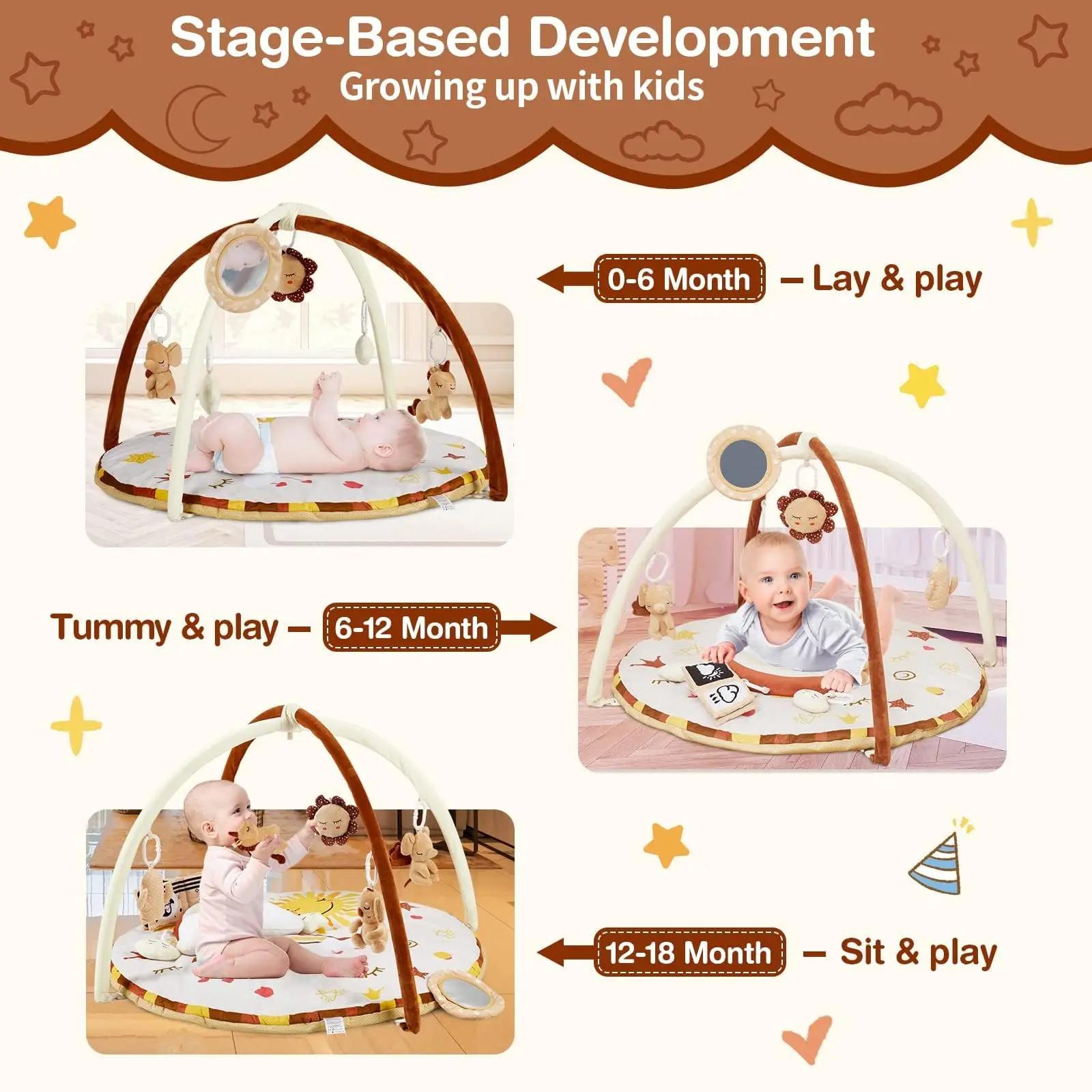Tapis de jeu pour bébé avec arche d'activités 2-en-1, tapis antidérapant avec 9 jouets sensoriels dé