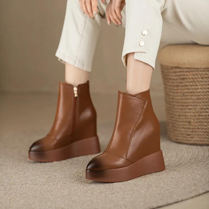 MKKBathroom-Bottes courtes en cuir pour femmes, bottes compensées pointues, bottes de rinçage décont