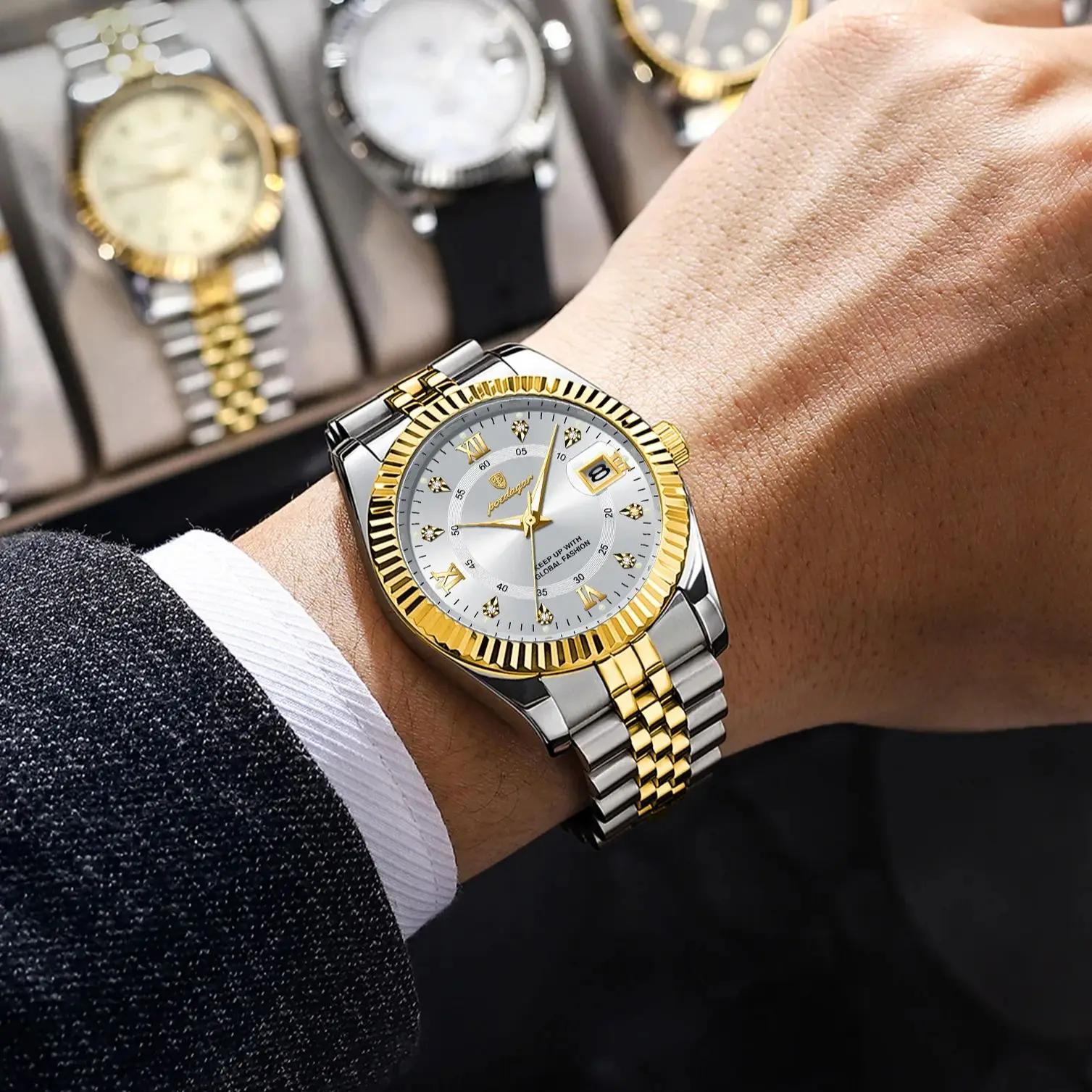 POEDAGAR classique luxe hommes montres à Quartz en acier inoxydable Date homme montre étanche lumine