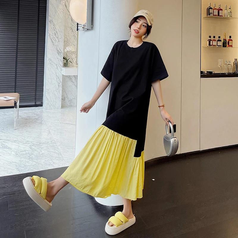 Robe ample Patchwork noire pour femmes, faux deux pièces, vêtements grande taille KE3294, nouvelle c