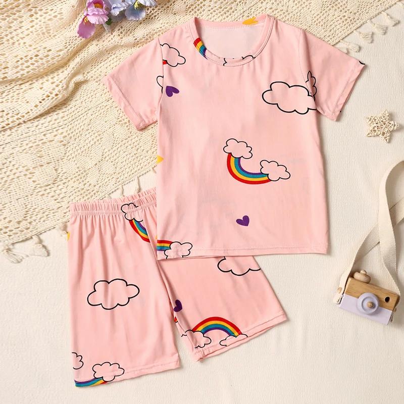Costume été 2 pièces enfant imprimé dinosaure Joker confortable fille manches courtes rose