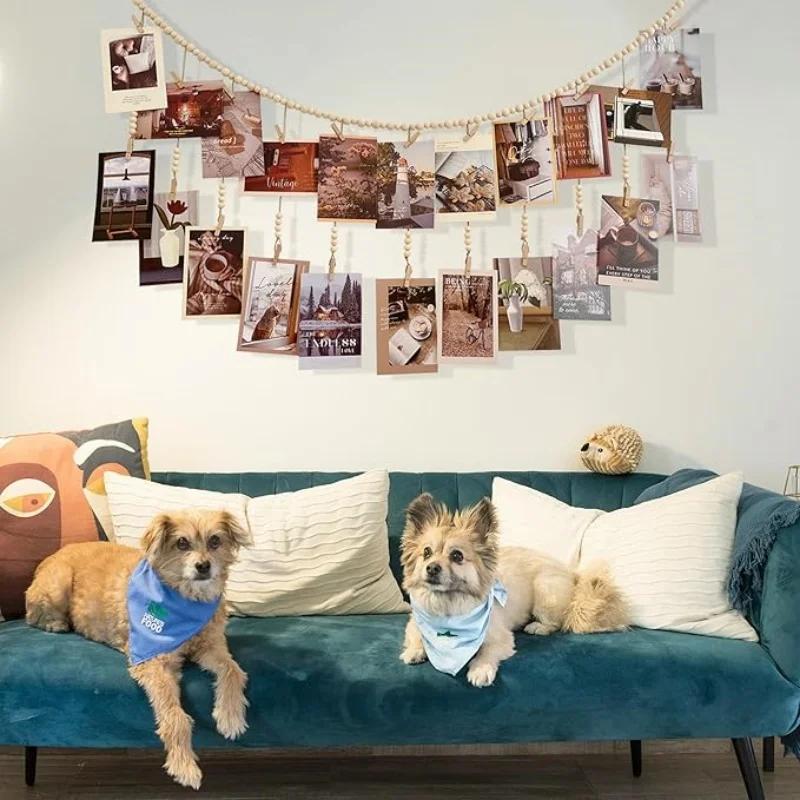 Présentoir de photos suspendu, guirlande de perles en bois, style Boho, tenture murale pour chambre 