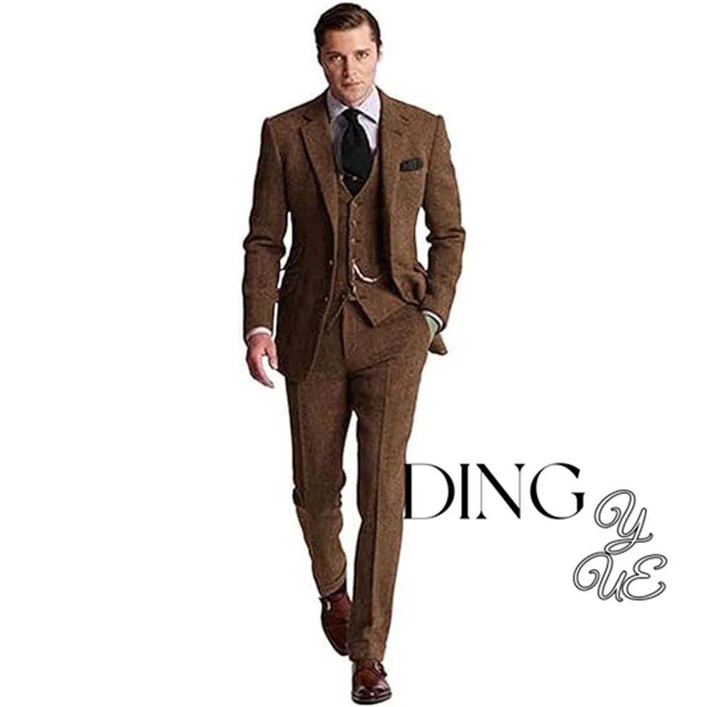 Ensemble de costume rétro 3 pièces pour hommes, en Tweed marron et gris à chevrons, coupe cintrée, T