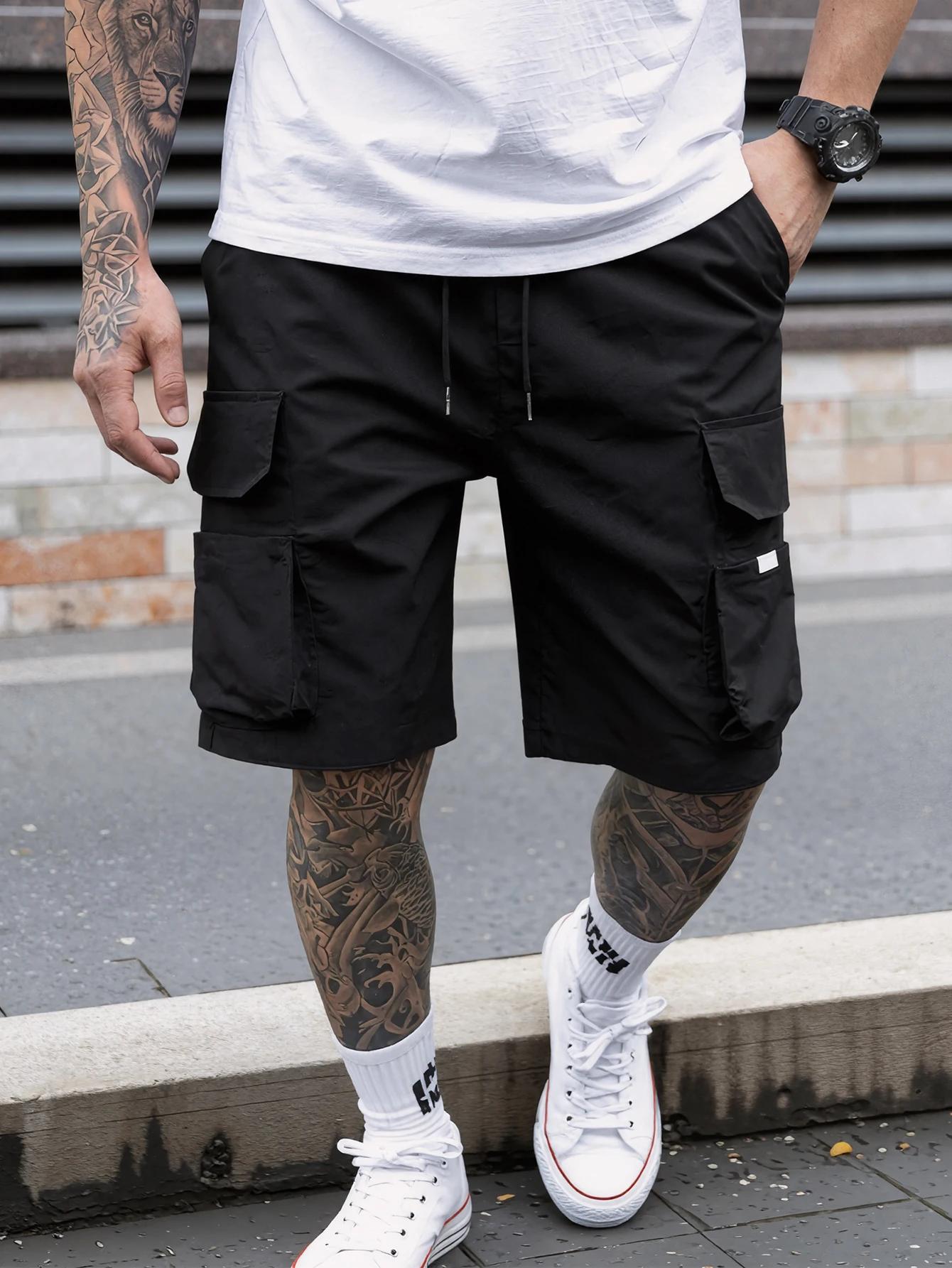 Shorts de travail à cordon de serrage pour hommes, style streetwear, shorts cargo avec grandes poche