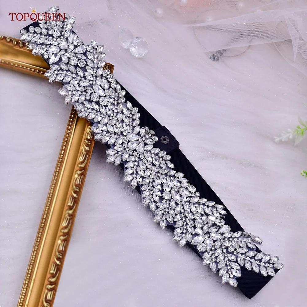 TOPQUEEN S420-B femmes noir mode élastique larges ceintures argent strass à la main perlé ceinture r