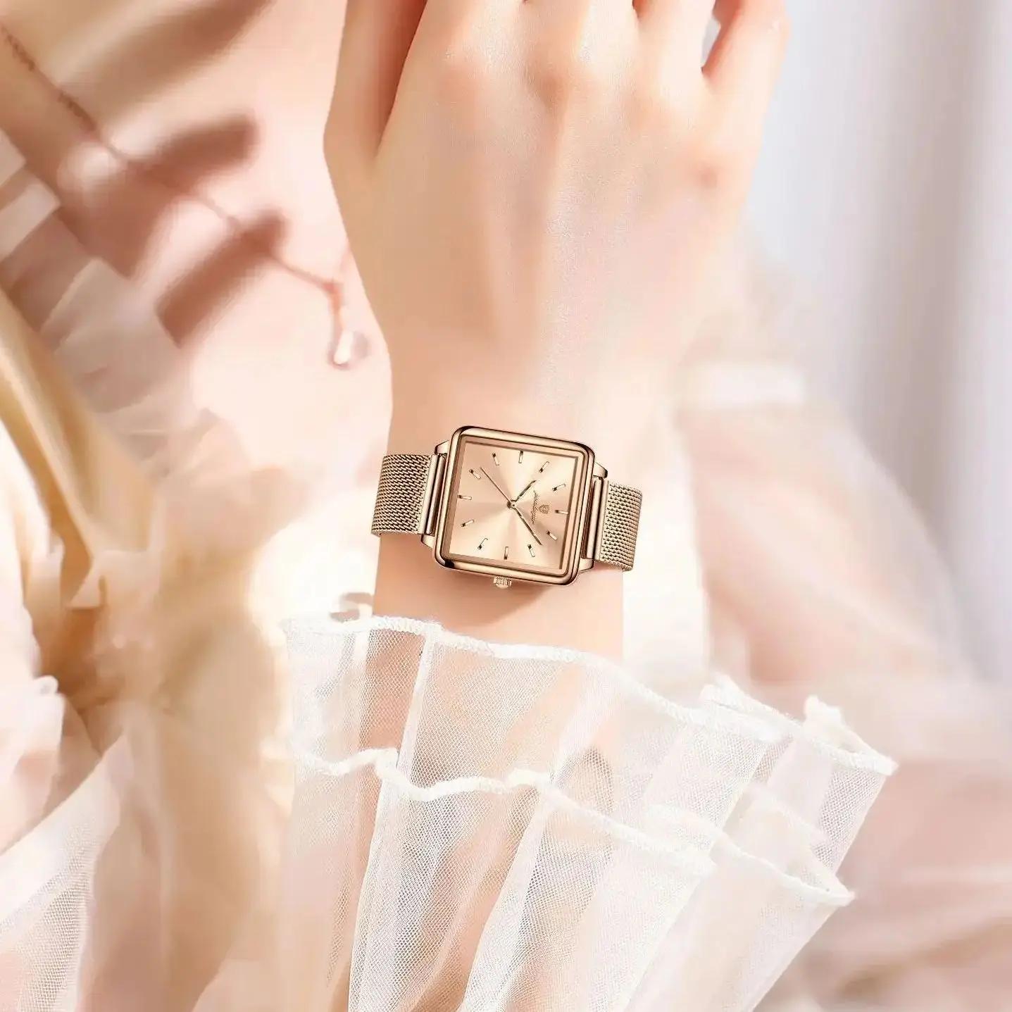 POEDAGAR carré mode dames montre étanche en acier inoxydable maille montre pour femme élégante femme