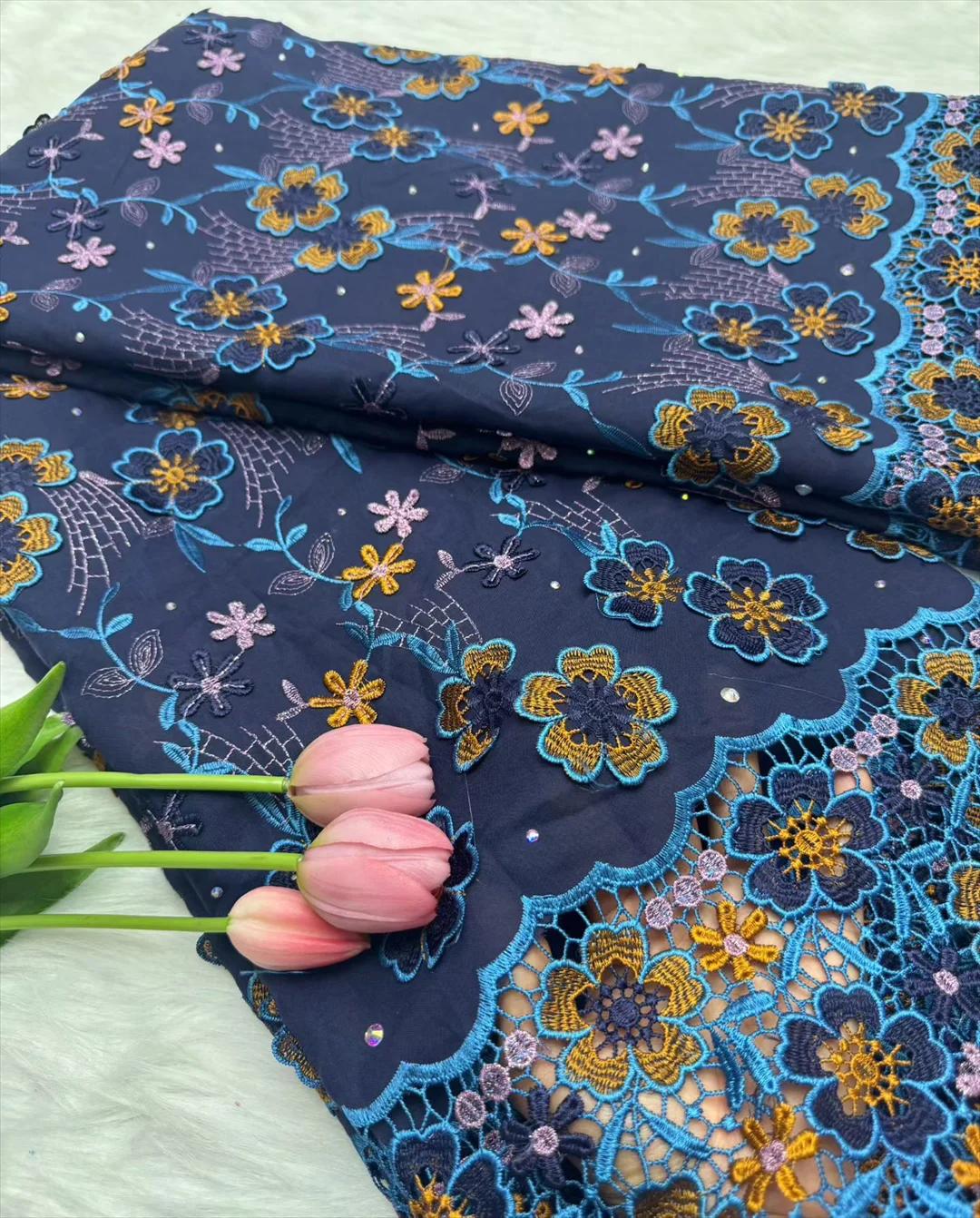 Voile suisse en dentelle suisse, avec des pierres appliquées de fleurs 3D, tissu africain en dentell